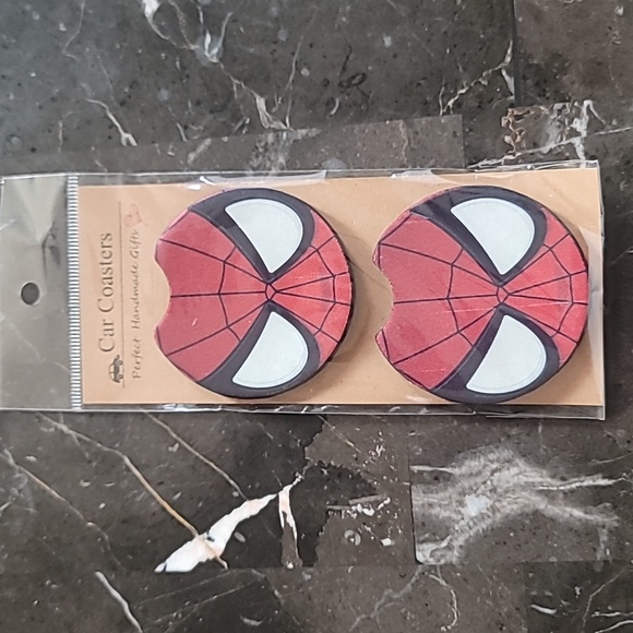 Spiderman Face Handmade Reuseable Neoprene Set of 2 Car Cup Holder Coasters - Picture 4 of 4